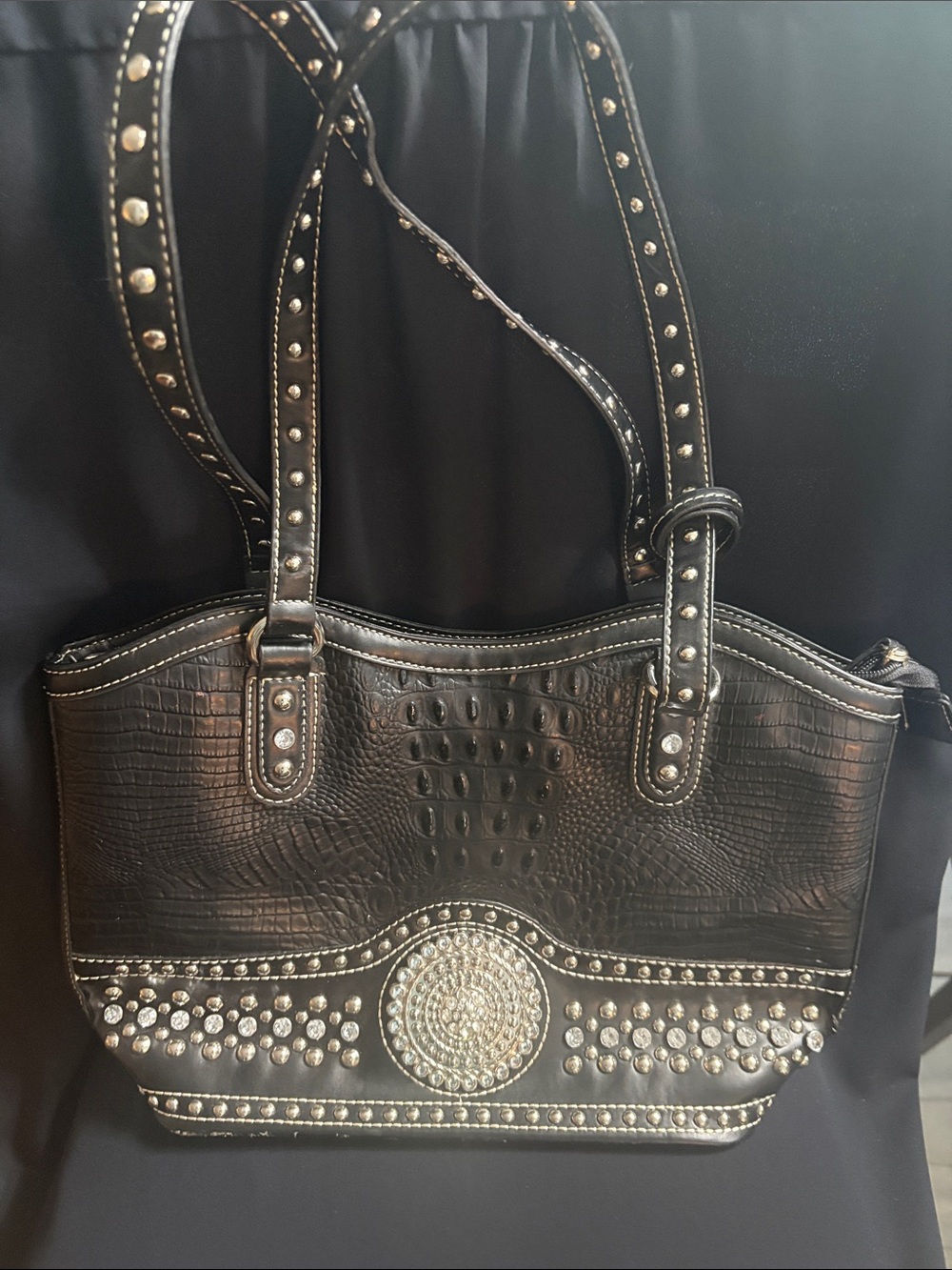 Blazin Roxx  Black Faux Ostrich Embossed Studded Shoulder Tote